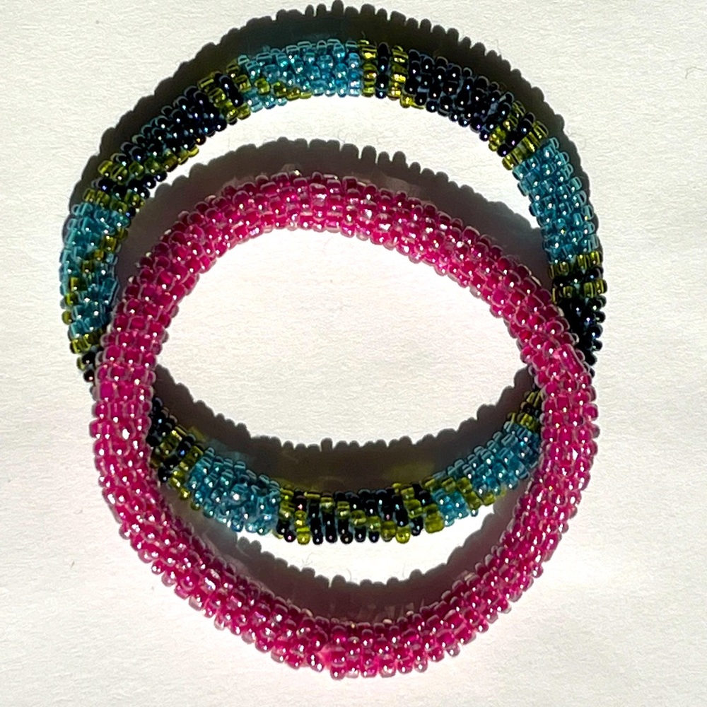 Boho Beaded bracelet set in pink and blue with green